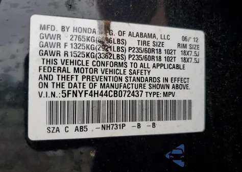 2012 Honda Pilot Ex from USA, damaged, VIN 5FNYF4H44CB072437